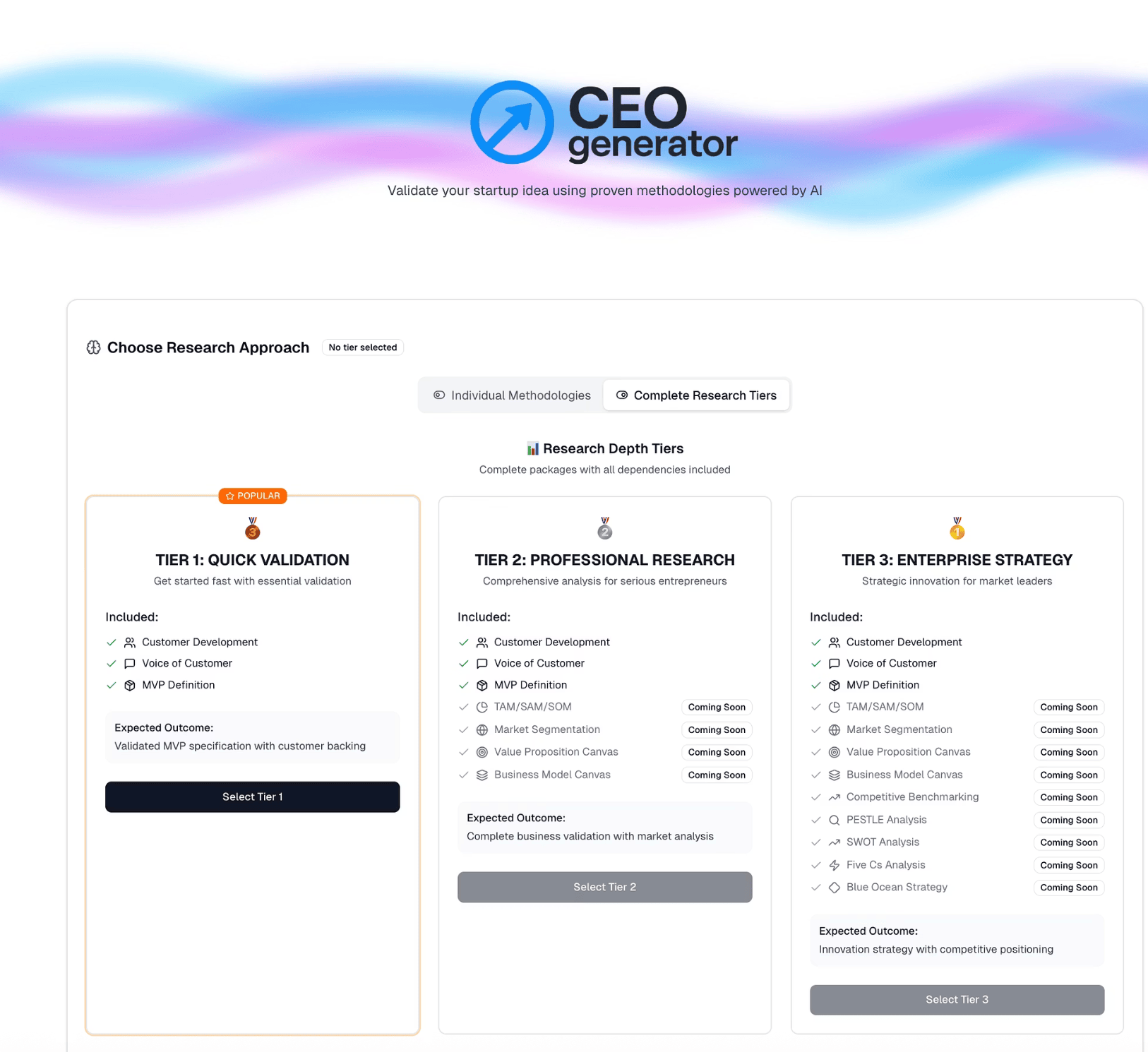 CEOgenerator product screen for evaluating startup ideas