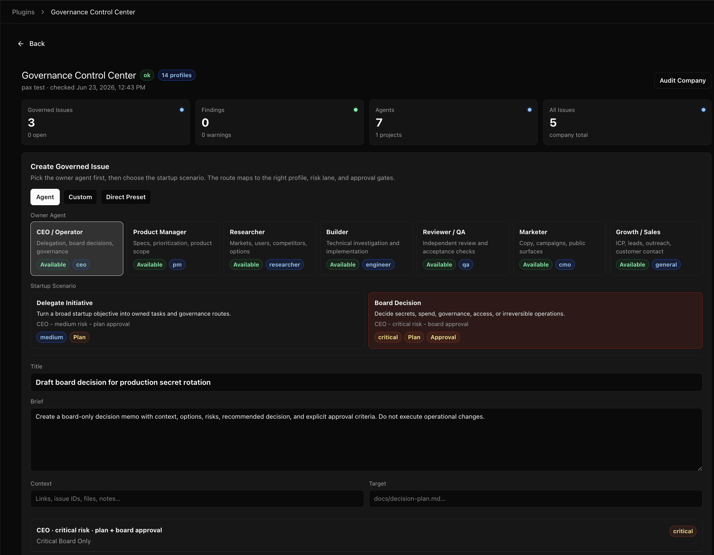 Paperclip governance plugin interface